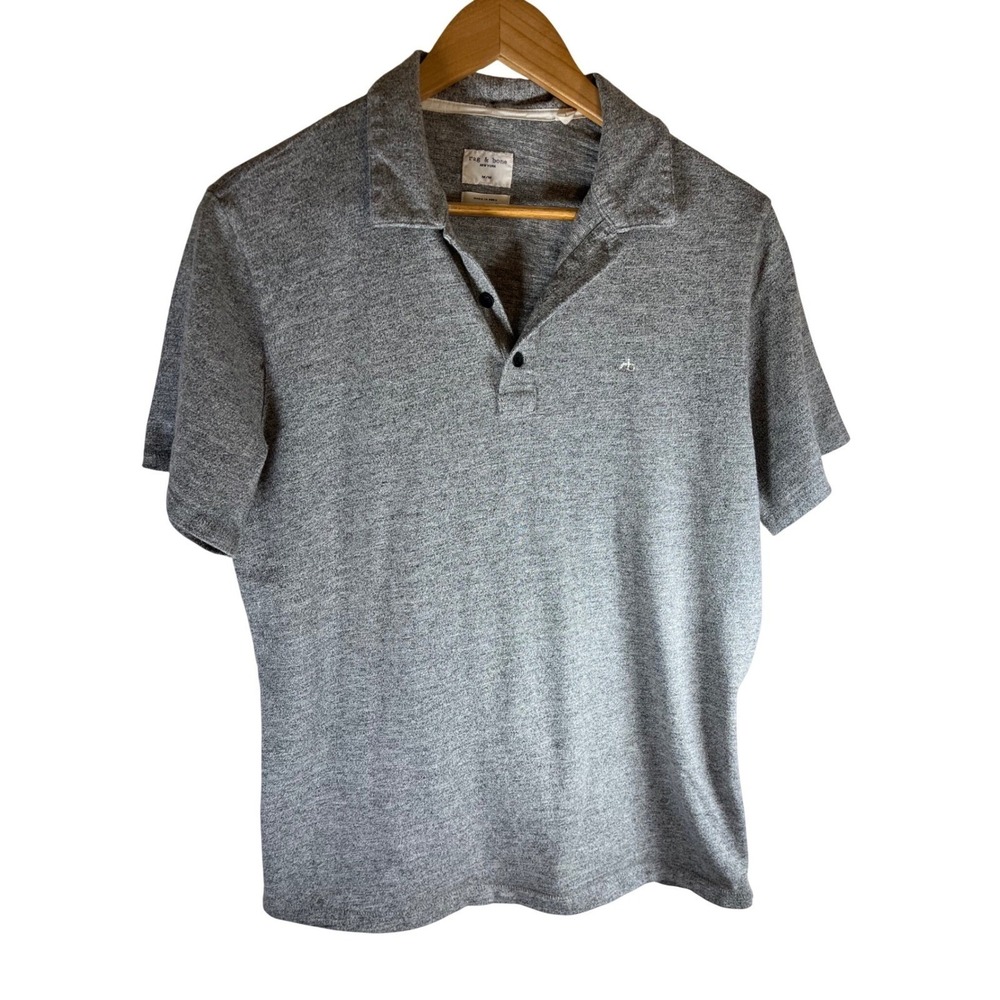 Rag Bone Men CLASSIC Grey Polo Shirt M Medium Short Sleeve Casual Button Neck